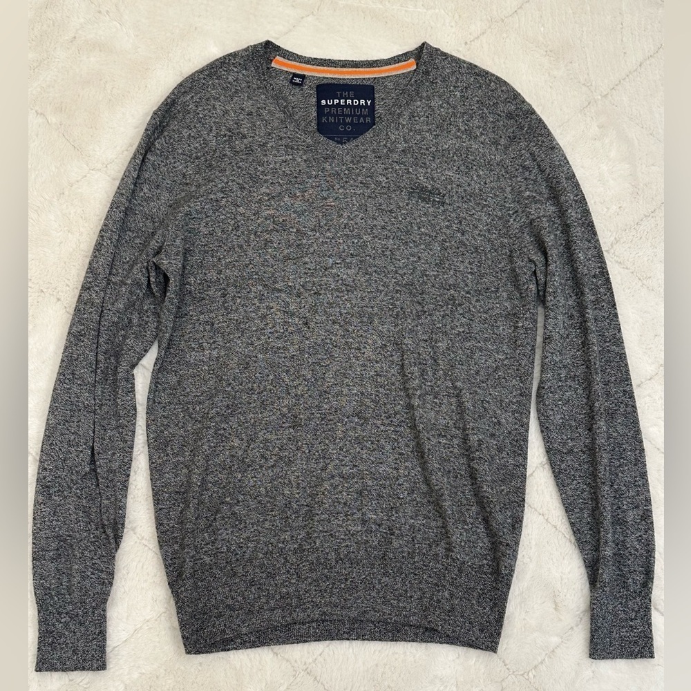 Superdry Men's V-Neck Sweater in Charcoal Gray with Orange Trim